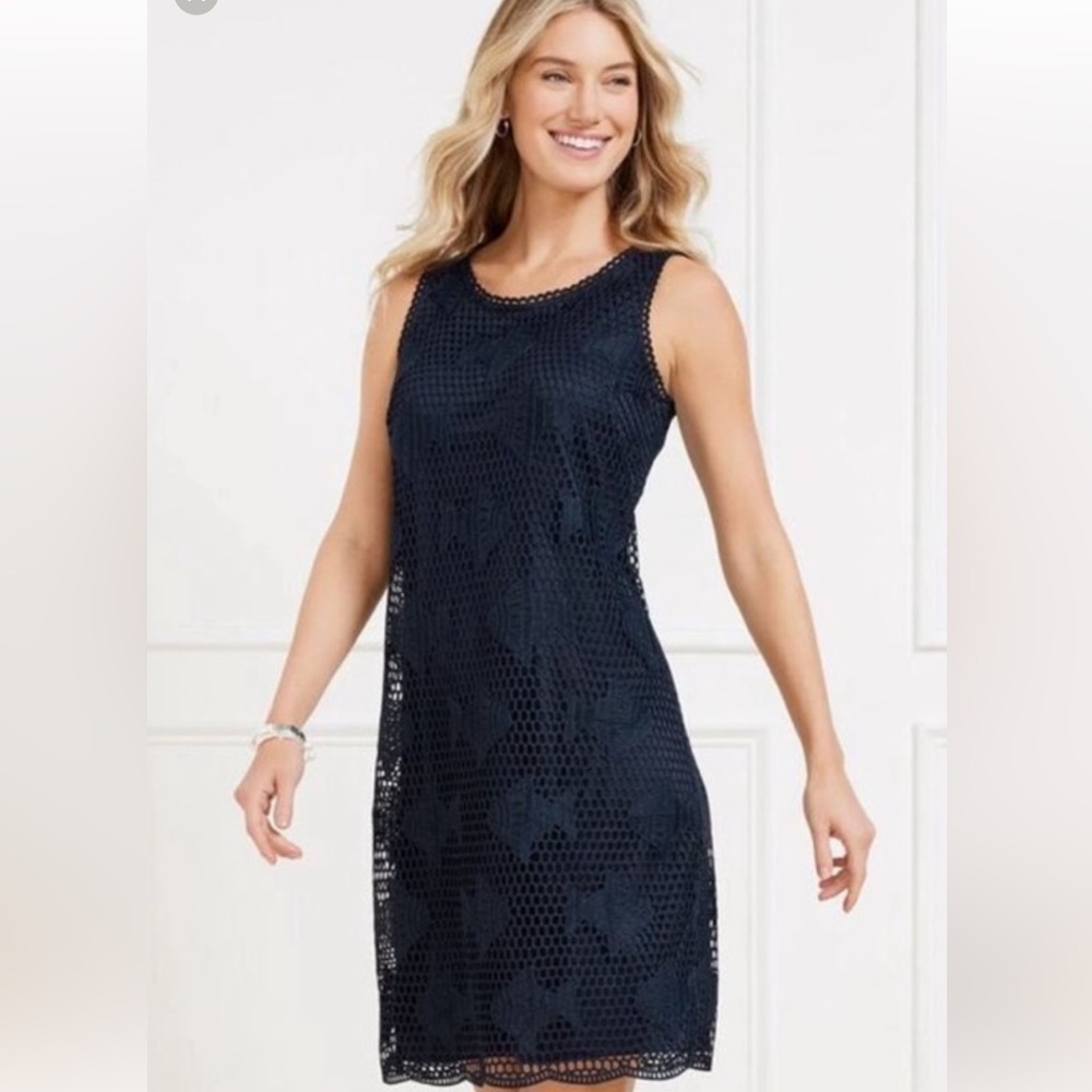 Talbots Navy Blue Crochet Overlay Sleeveless fish dress